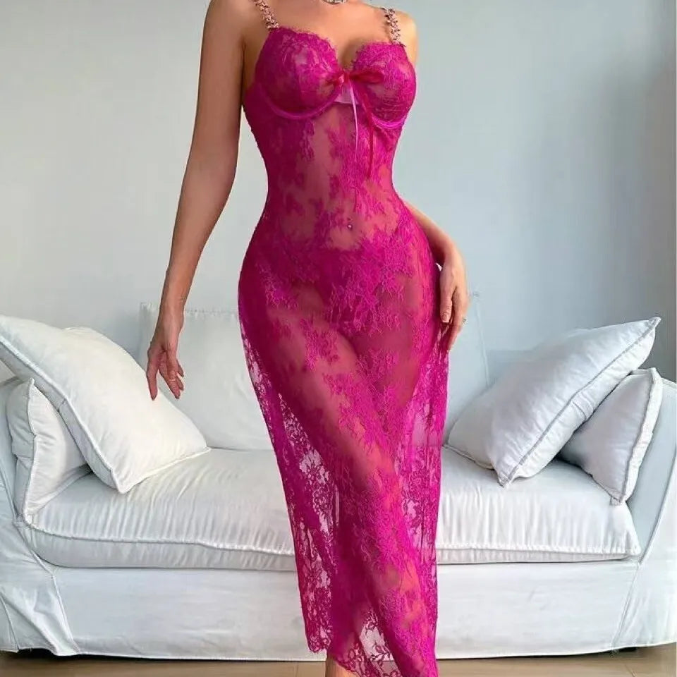 New Sexy Lace Mesh Transparent Embroidered Strap Dress Elegant Rose Red Long Dress V Neck 2025 New Fashion Tops QTZ9