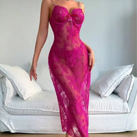 New Sexy Lace Mesh Transparent Embroidered Strap Dress Elegant Rose Red Long Dress V Neck 2025 New Fashion Tops QTZ9