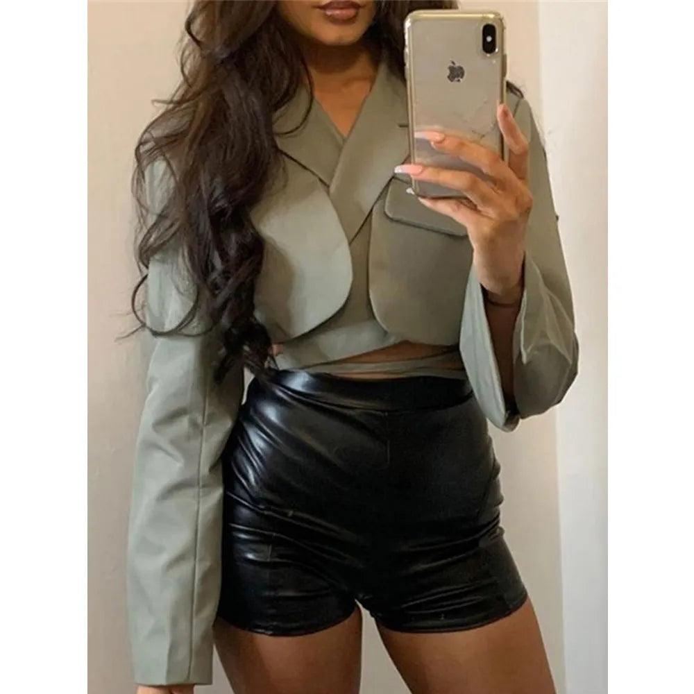 Gtpdpllt Gray Double Layer Bandage Slim Blazer Desigual Women Long Sleeve Pocket Short Jacket Female Outwear 2023 Crop Tops