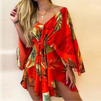 2023 New Summer Beach Elegant Dresses Women Sexy V Neck Lace-up Floral Print Mini Dress Casual Flared Sleeves Ladies Party Dress