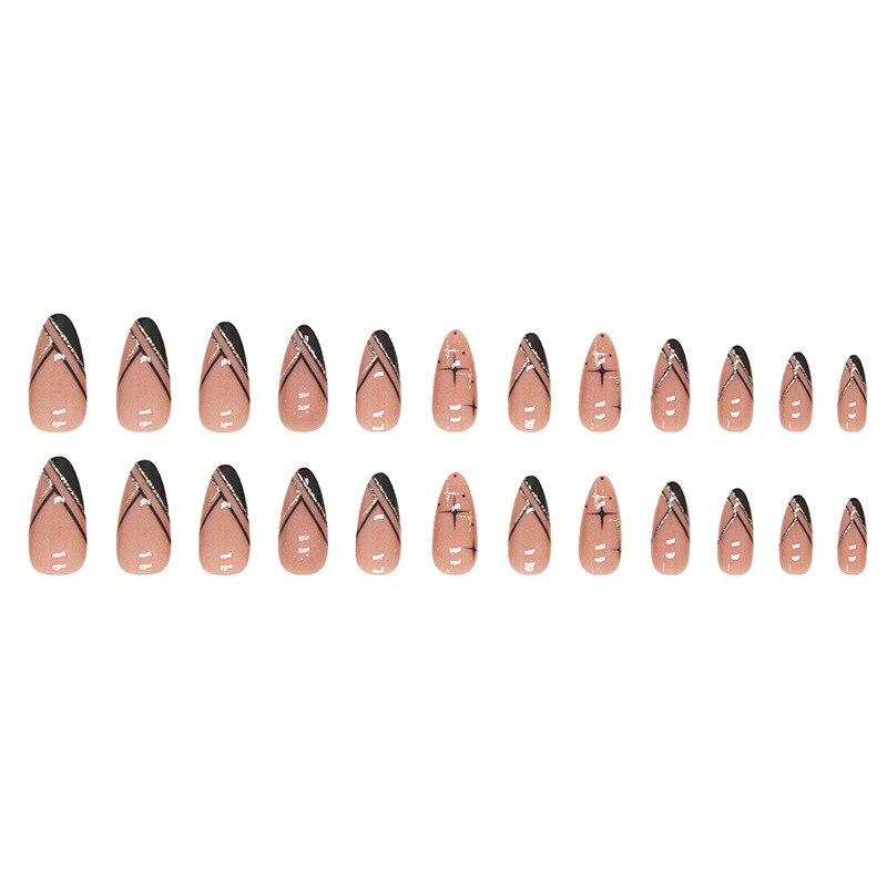 24Pcs Long Round Head Black Glod Line Press On Nail Art Removable Fake Nails With Glue Full Cover Waterproof False Nails