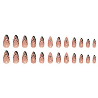 24Pcs Long Round Head Black Glod Line Press On Nail Art Removable Fake Nails With Glue Full Cover Waterproof False Nails