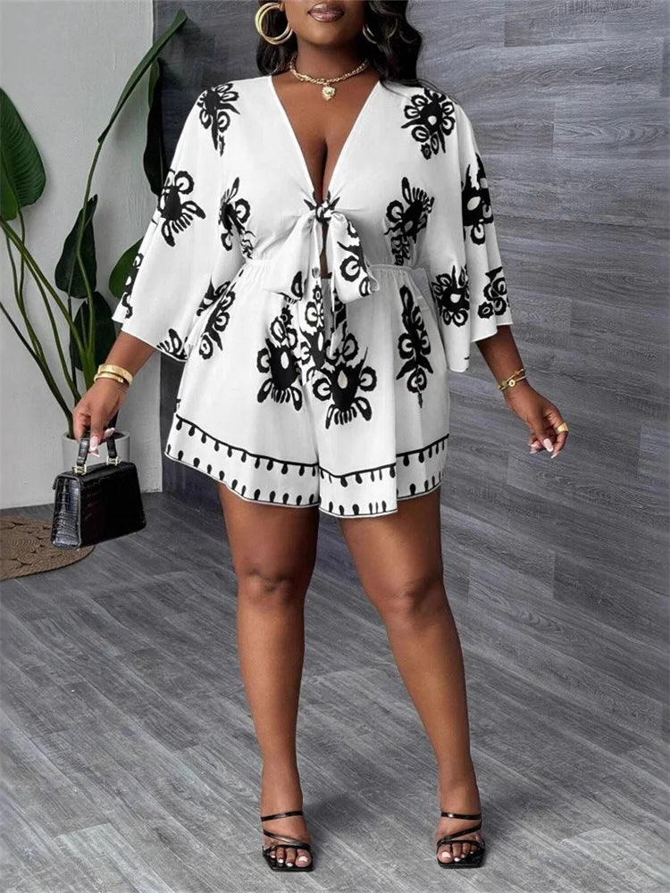 Wmstar Plus Size Jumpsuit Women Print Short Sleeve Bodysuit Loose Sexy Deep V Neck Summer Holiday Rompers Wholesale Dropshipping