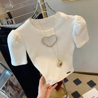 High-waisted Slim Love heart beaded tshirts White Short Sleeve T-shirt Women's Summer 2023 New Short Puff Sleeve Small Top