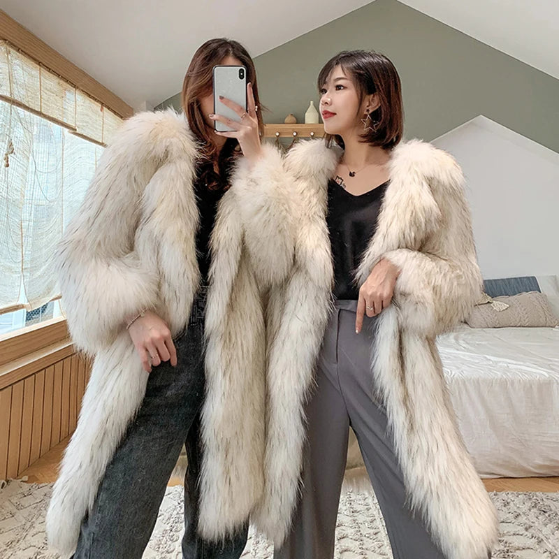 Winter fox fur imitation fur coat women's long new warm raccoon fur coat large size leisure windbreaker