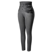 Women Jeggings Faux Denim Jeans Leggings High Waisted Tummy Control Slim Leggins Printed Pencil Pants Seamless Skinny Trousers
