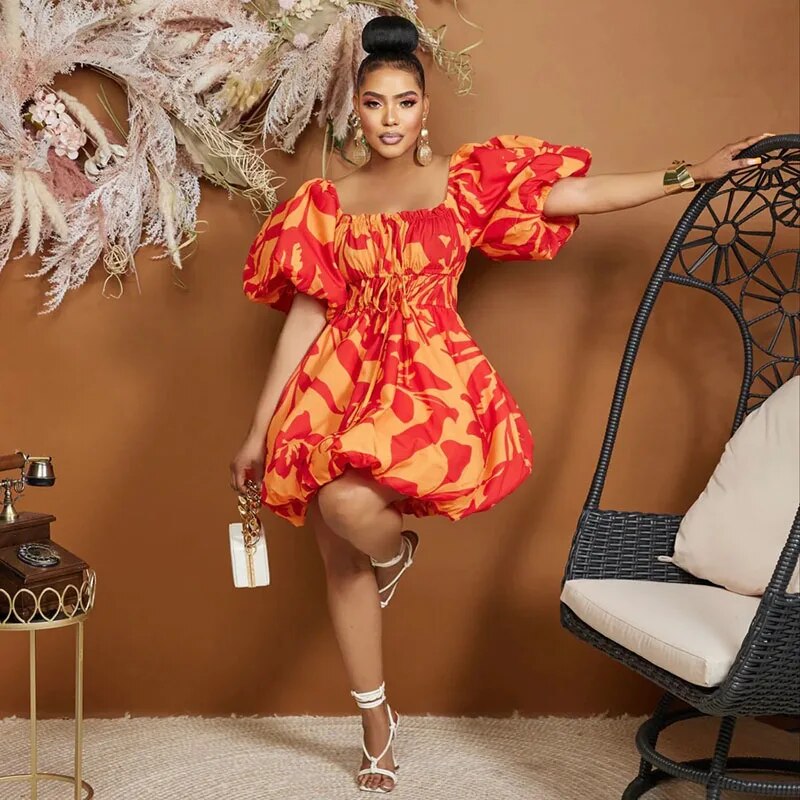 Fashion Red Print One Shoulder Party Short Dress Women Dashiki Elegant African Dresses for Women Summer Sexy Robe Africa Clothes