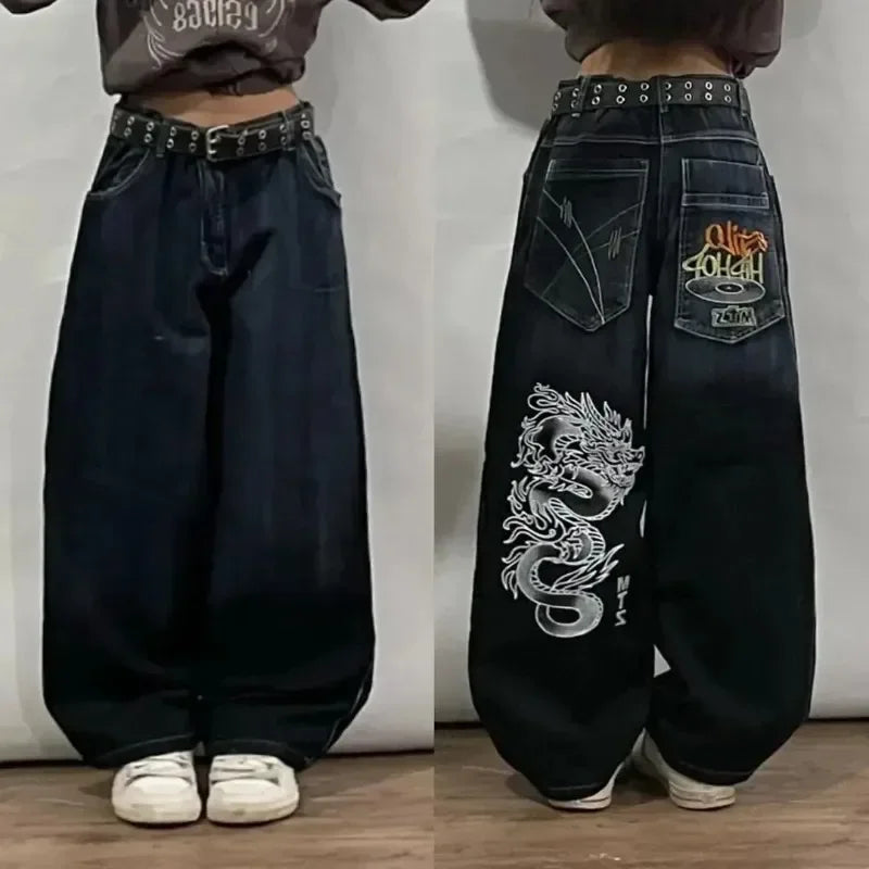 Streetwear Wide Leg Jeans Men Y2K Harajuku Baggy Jeans Embroidery Pattern Hip Hop Vintage Denim Pants Straight Casual Trousers