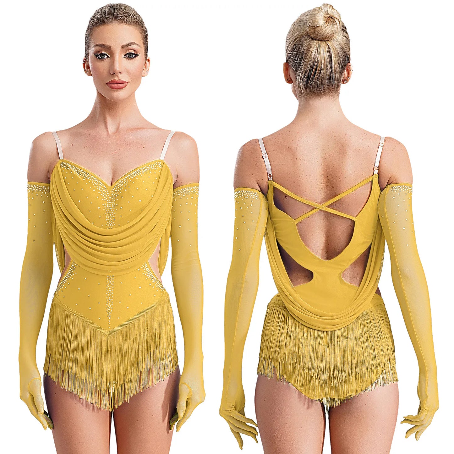 Womens Tassel Jazz Latin Dance Leotard Dress Glittery Rhinestones Adjustable Straps Cutout Fringed Bodysuit with Gloves