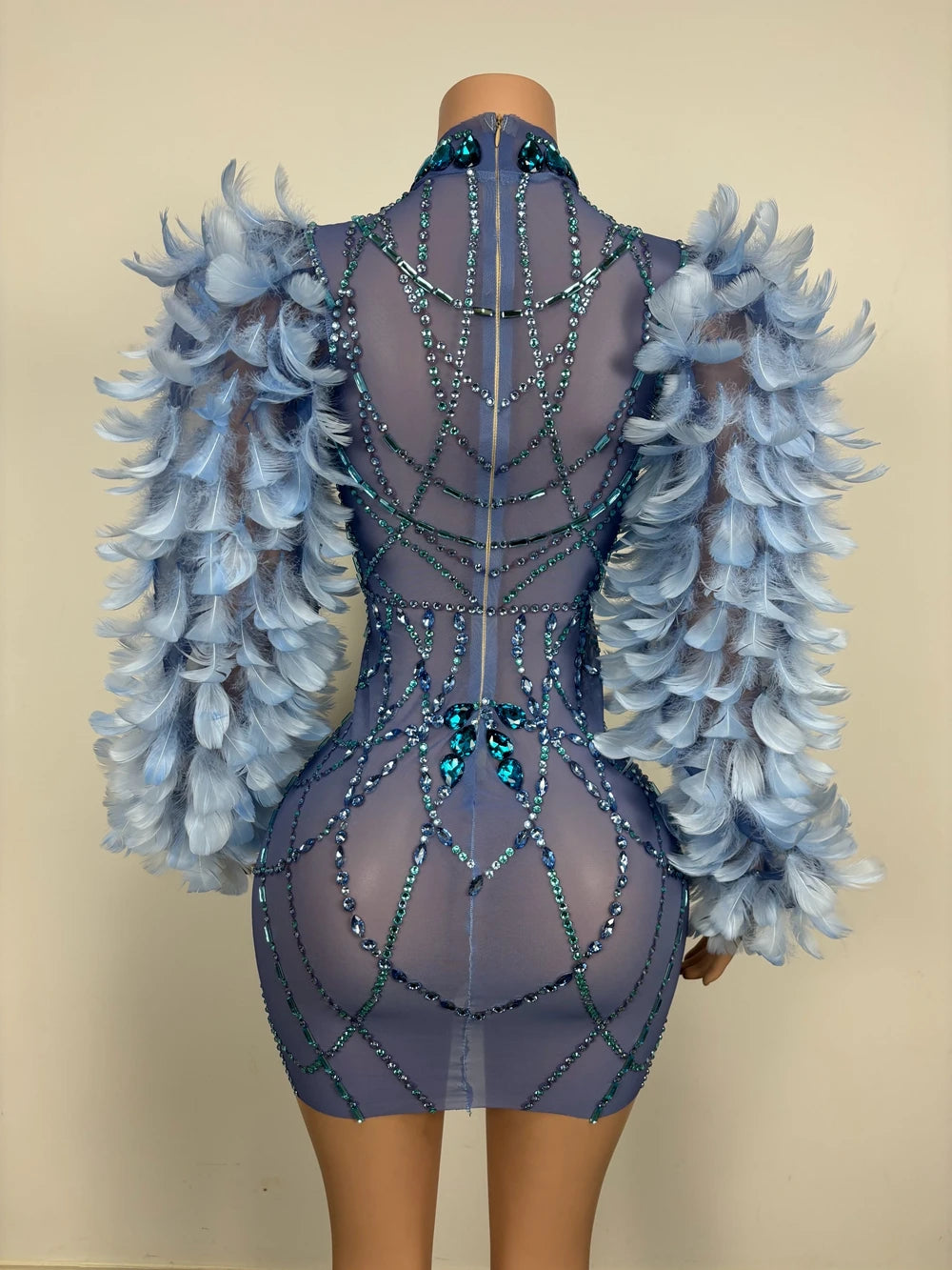 Sparkly Rhinestones Feather Sleeves Evening Prom Celebrate Birthday Dress for Women Photography Wear Sexy Singer Show Stage Wear