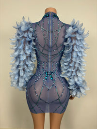 Sparkly Rhinestones Feather Sleeves Evening Prom Celebrate Birthday Dress for Women Photography Wear Sexy Singer Show Stage Wear