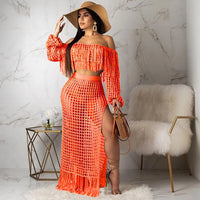 Skirt 2 Piece Set Women Beach Long Skirts Suit Top Off Shoulder Tassels Sexy Hollow Out Ensemble 2025 Summer Female Outfits