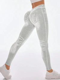 Women V Back Jean Leggings Gym Yoga Pants Casual Elastic Workout Exercise Fitness Running Fitness Tights