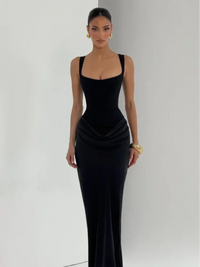 Solid Pleated Sling Dress Square Neck Sleeveless Off-shoulder Waist Cinching Slim Women Dresses Fashion Evening Party Gown 2025