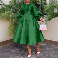 Dress Women Long Dresses A Line Round Neck White Lantern Sleeve Casual High Waist Lace Up Elegant Party Night Maxi Vestidos