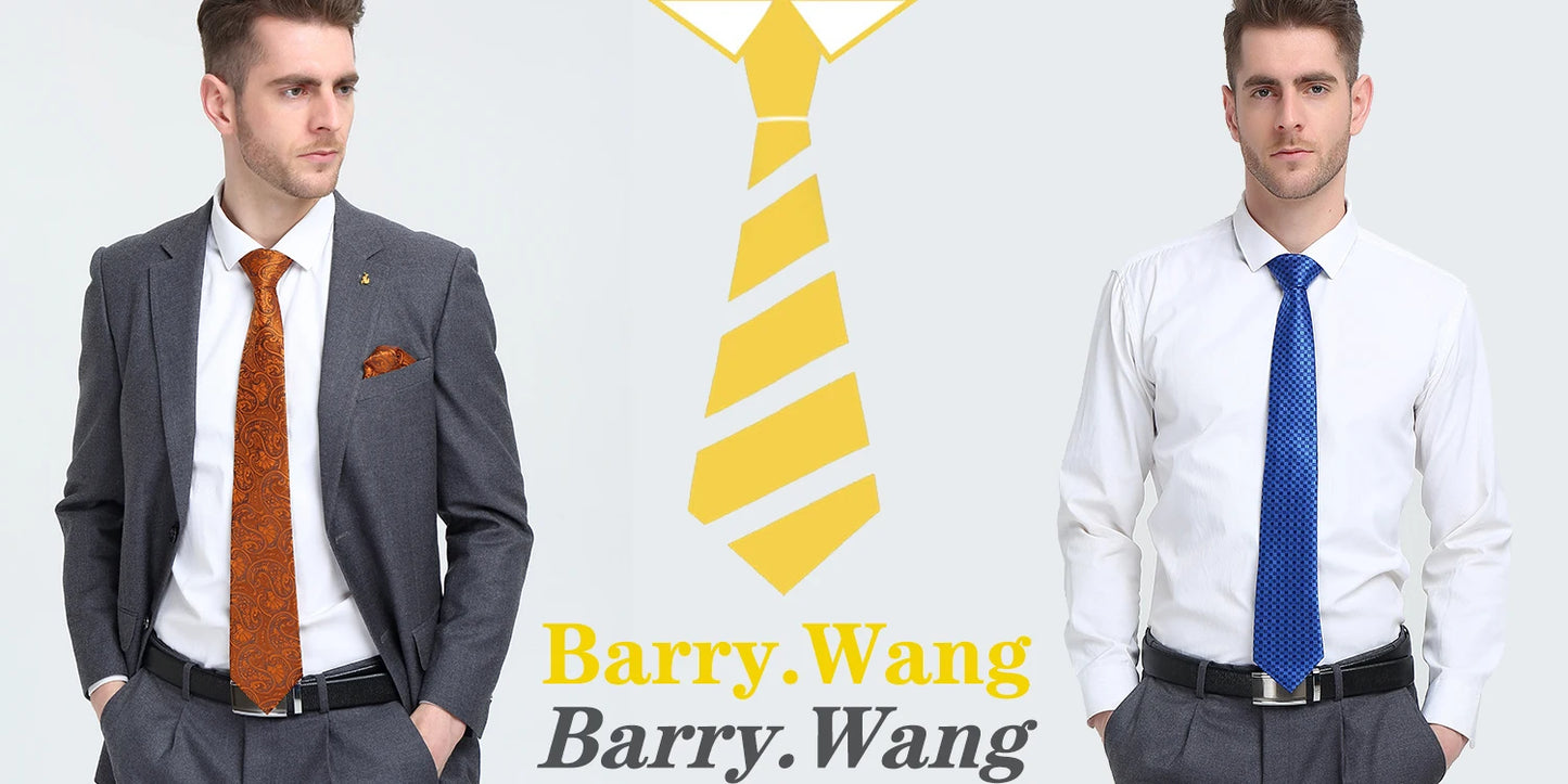 Barry.Wang Gold Silk Mens Tie Hanky Cufflinks Set Yellow Beige Orange Luxury Jacquard Necktie For Male Wedding Business Party