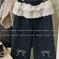 Jeans 2024 Girls Autumn Winter New Korean Lace Waist Bow Velvet Jeans Tide Teenage Girls Clothing Girls Pants