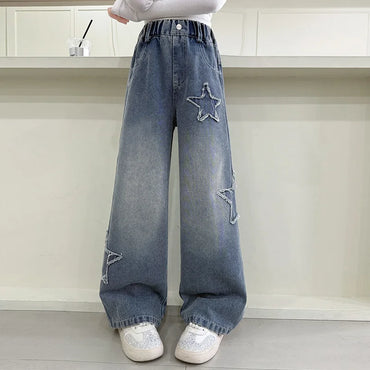 Girls Jeans 2025 Spring Autumn New Fashion Star Pattern Casual Denim Pants School Kids Trendy Teenage Children's Trousers 5-14T
