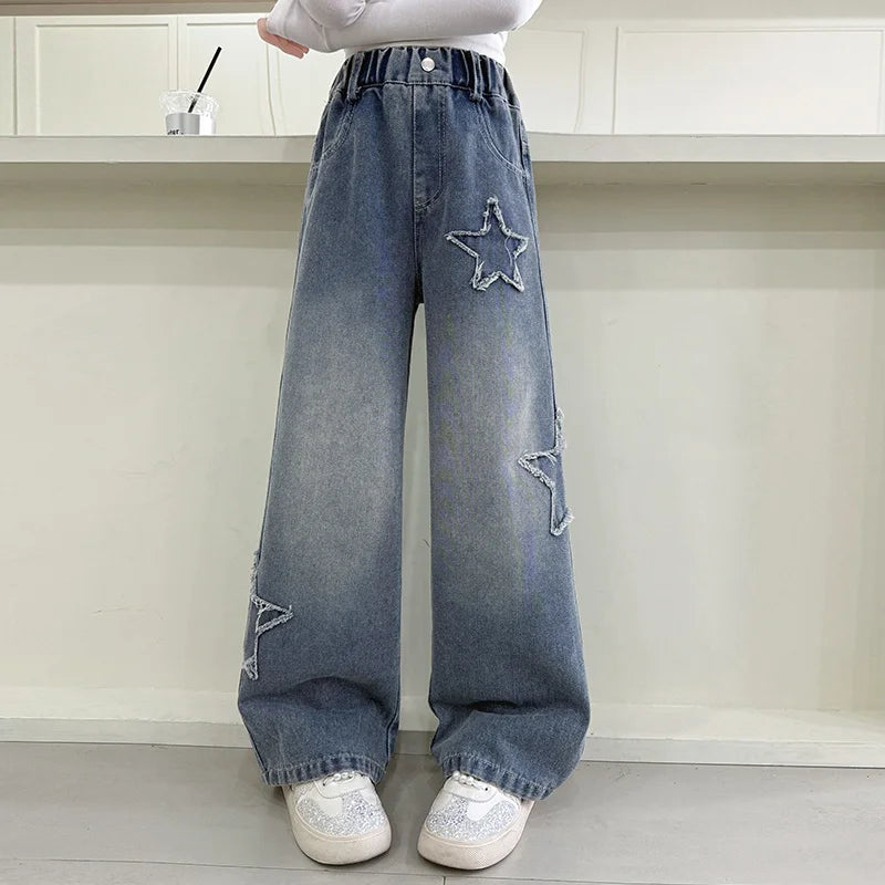 Girls Jeans 2025 Spring Autumn New Fashion Star Pattern Casual Denim Pants School Kids Trendy Teenage Children's Trousers 5-14T