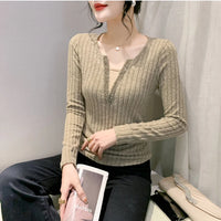 Sexy Hollow out V-Ne Pleated  Color Base irt Long Sve Women's T-irt Design Sense Bead Faion Youthful Slim Fit...