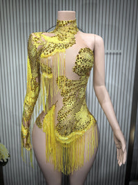 Gold Silver Sequins Tassel Elastic Bodysuit Sex)Pole Latin Dance Stage Wear Nightclub  DJSinger Dancer Performance Costume  Q025