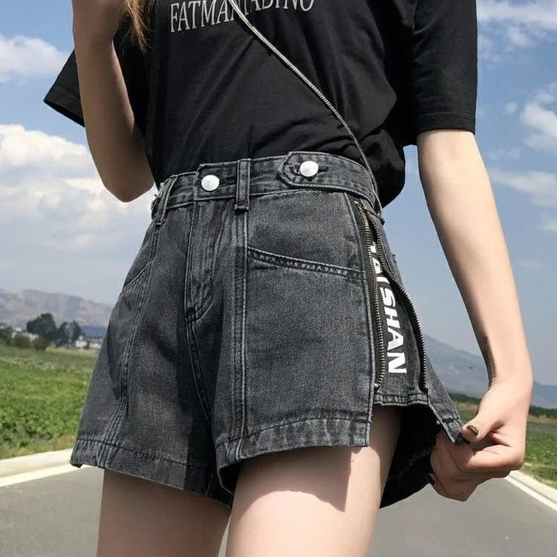 Denim Shorts Women Summer Hole High Waist A-line All-match Wide Leg Female Short Pants Fashion Loose Zipper Letter Streetwear