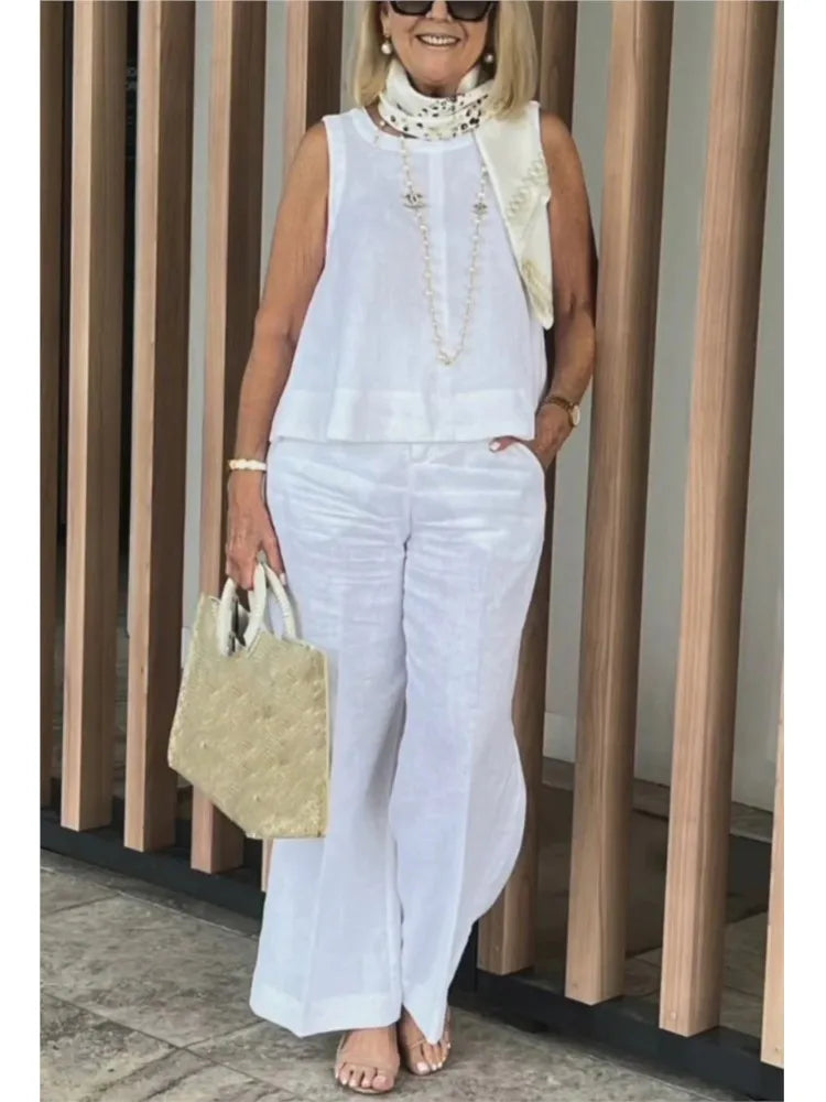 New Summer Women's Suit Sleeveless Top Wide Leg Trousers Two Piece Set Fashion Casual Solid Holiday 2 Piece Set Women Clothes