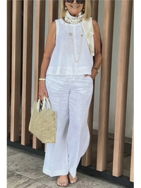 New Summer Women's Suit Sleeveless Top Wide Leg Trousers Two Piece Set Fashion Casual Solid Holiday 2 Piece Set Women Clothes