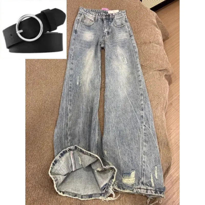 Baggy Jeans Women Clothing Street Retro Washing and Aging Ripped Jeans for Women Casual Wide-leg High Waisted Jeans Woman Pants