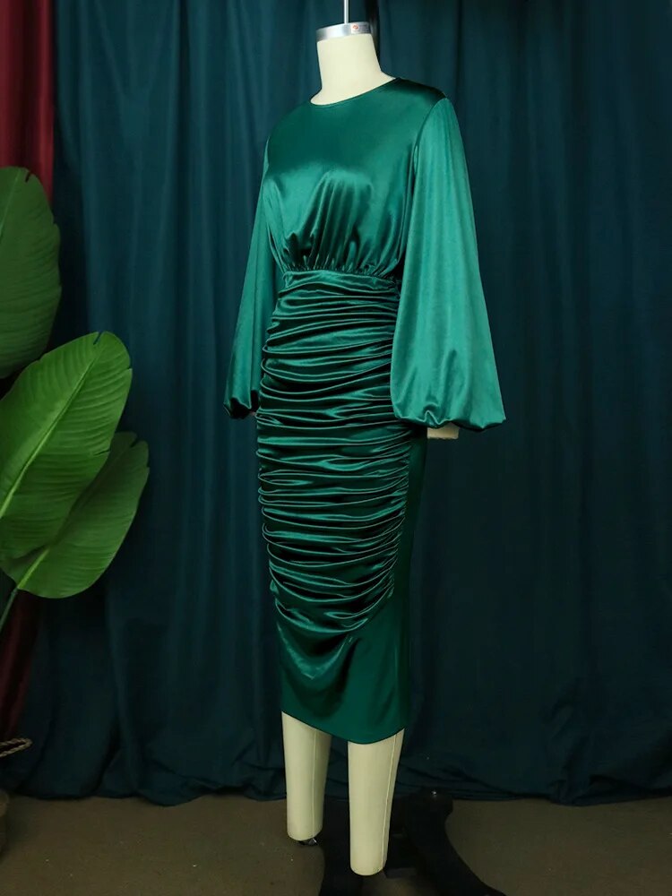 Long Sleeve Green Dresses Bodycon Elastic Satin Smocked Midi Dress Elegant Big Size Shiny Evening Christmas Party Church Outfits