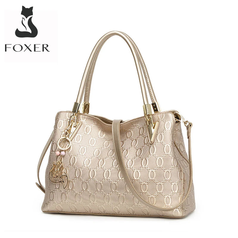 FOXER Occident Style Gold Totes Women's Cow Split Leather Handbag Fashion Lady Commute Purse Luxury Large Capacity Shoulder Bag