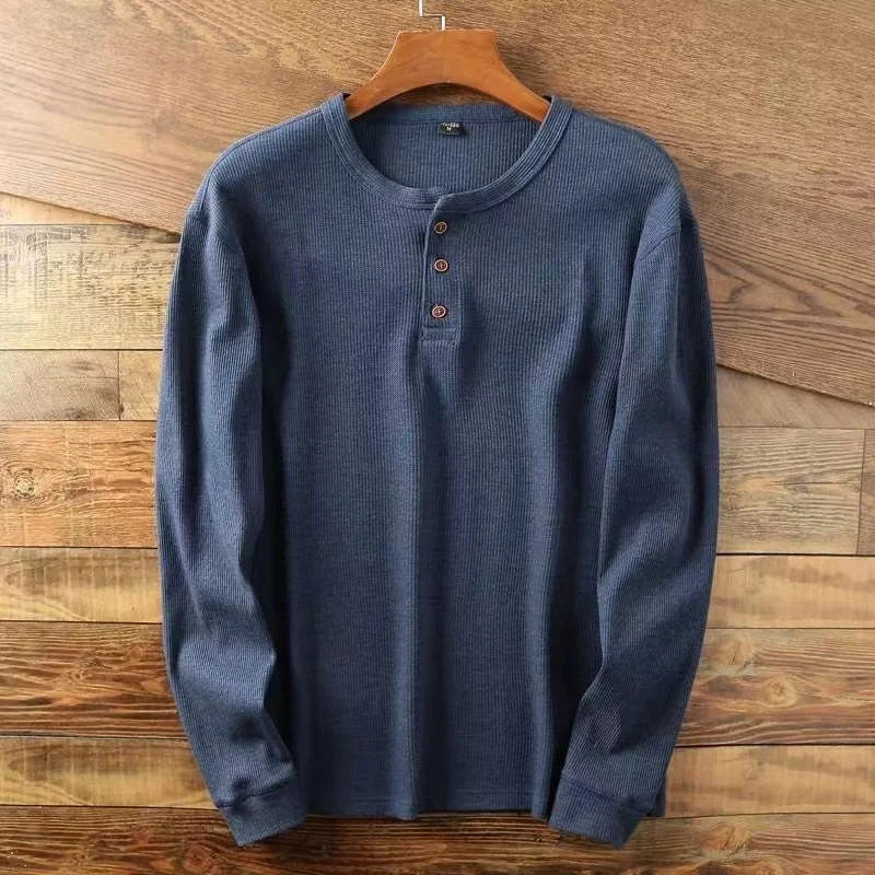 Slim Fit Mens Basic Tee Casual Tshirts Henley Waffle Long Sleeve Shirts Thermal Solid Half Button Breathable Cotton Shirts