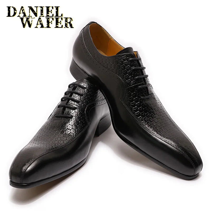 Luxury Brand Men&#39;s Oxford Formal Shoes Black Brown Pointed Toe Lace Up Office Business Wedding Genuine Leather Shoes for Men