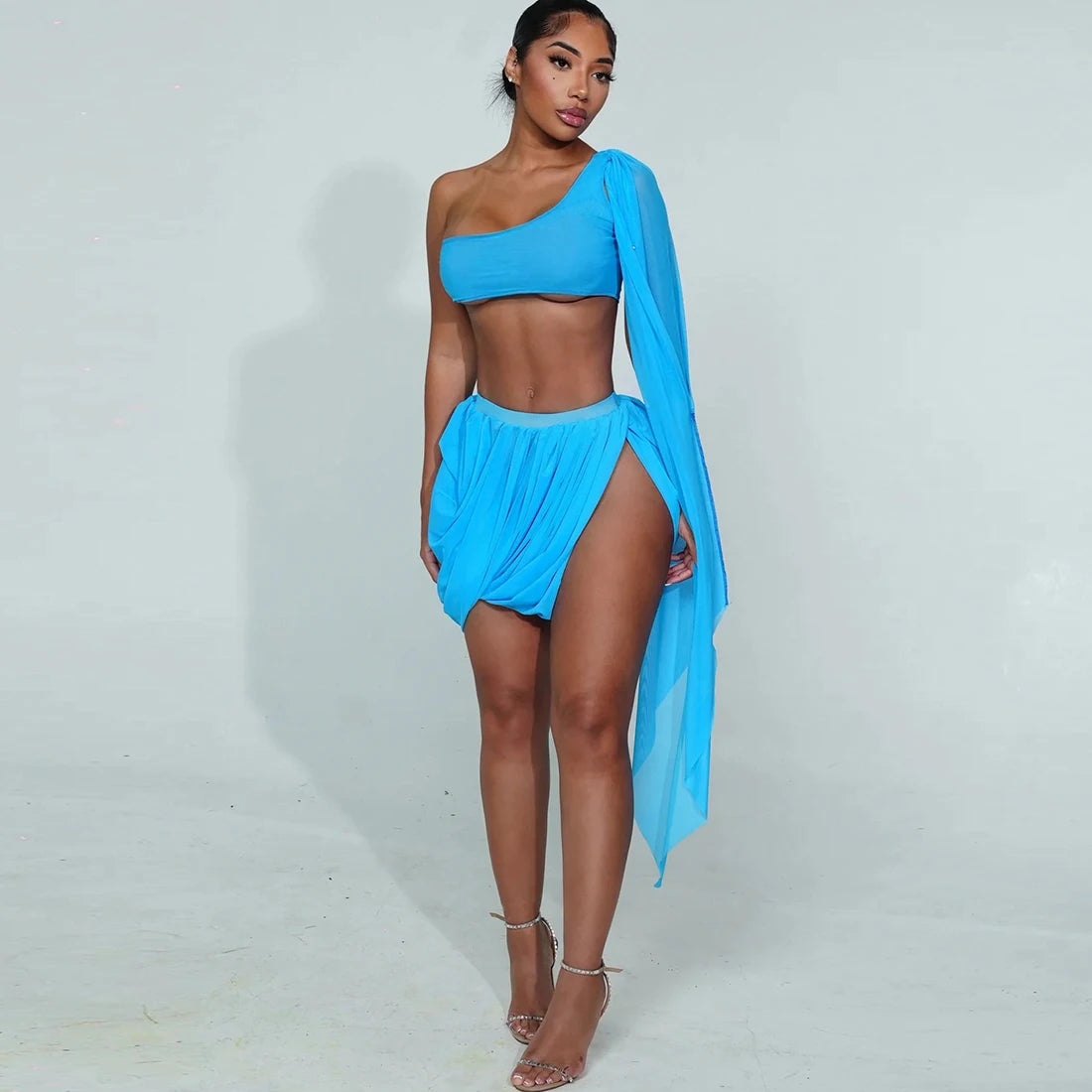 Y2K Sexy 2 Piece Set Women See Through Midnight Irregular Full Sleeve Crop Tops+Ruched Split Skirts Matching Clubwear