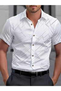 Men's Geometric Print Business Casual Short Sleeve Button-Up Shirt - White with Black Geometric Pattern Polyester 100%