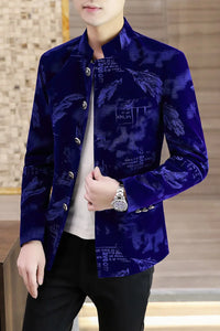Luxury Retro Velvet Suit Jacket for Men Fashion Slim Fit Stand Collar Blazer Masculino Casual Business Wedding Dress Coat 2023