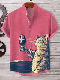 Men's Cat Print Short-Sleeve Shirt, Stand Collar Retro Casual Top, Breathable Slim Fit Shirt, Outdoor Casual Hawaiian Shirt