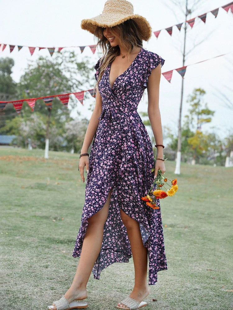 Sexy Elegant Floral Dress Summer Women Bohemian Holiday Long Dresses Green Irregular Casual Loose Bandage Sundress