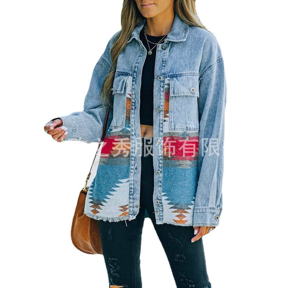 Autumn and Winter New Polo Neck Pocket Denim Panel Wool Coat Women's Vintage Jacket