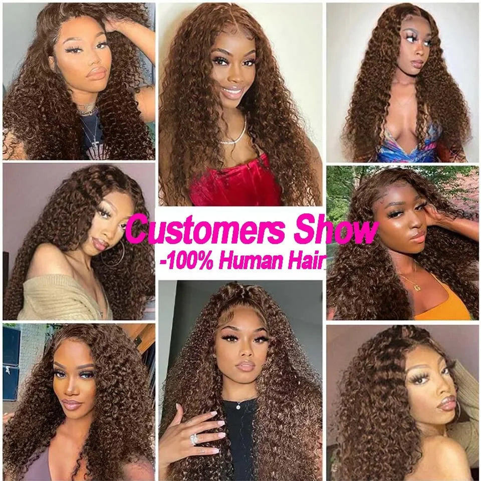 Chocolate Brown Kinky Curly Lace Frontal Human Hair Wig Transparent Lace Front Wig PrePlucked Colored Human Hair Wig On sale