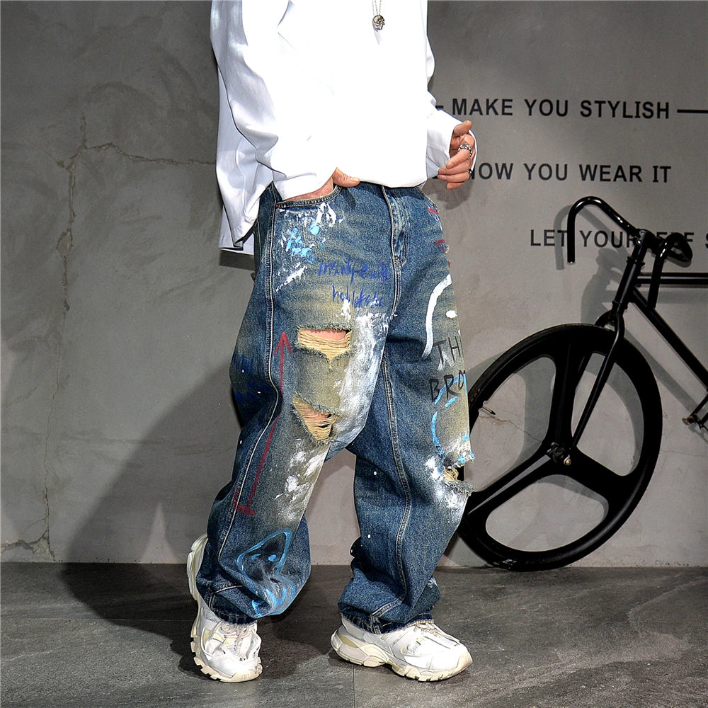 High End Men'S Clothing Hip Hop Graffiti Baggy Jeans For Men Streetwear Skateboard Ripped Jeans Korean Trendy Denim Trousers