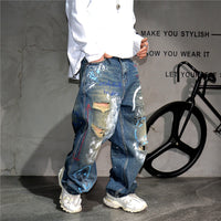 High End Men'S Clothing Hip Hop Graffiti Baggy Jeans For Men Streetwear Skateboard Ripped Jeans Korean Trendy Denim Trousers