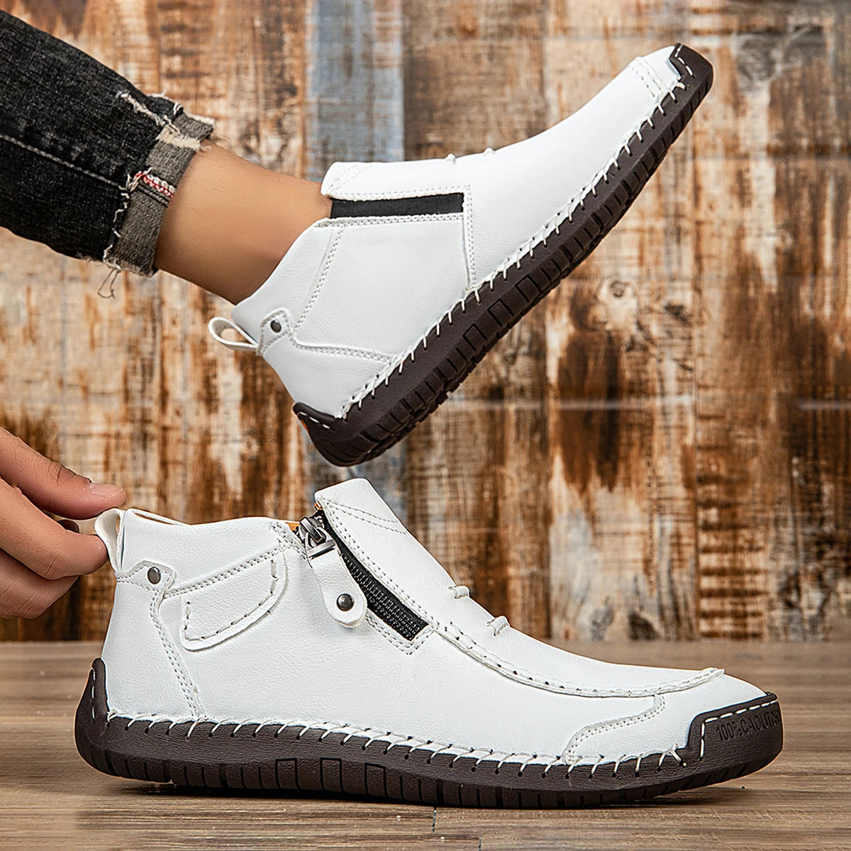 New Classic Handmade Leather Men's Shoes with Zipper Design Outdoor Sneakers Casual Flat Shoes Men Work Shoes Ankle Boots