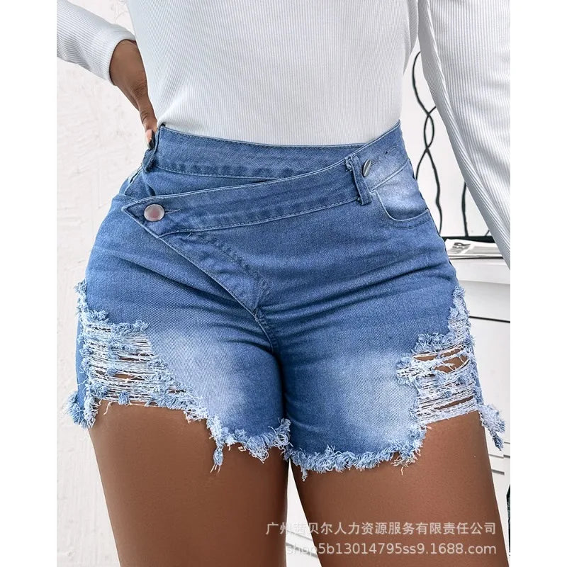 Women Vintage Summer High Waist Irrgular Short Jeans Y2K INS Clothing Streetwear Buttoned Ripped Pocket Denim Shorts