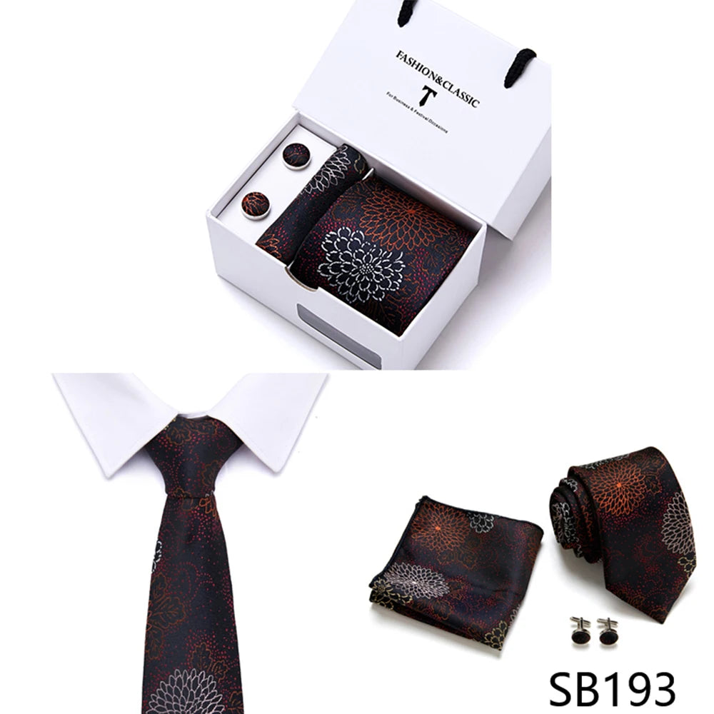 High Quality 7.5 cm Stripe Blue Tie Pocket Square Cufflinks Set For Men Gift Box Wedding Gravatas Fit Workplace