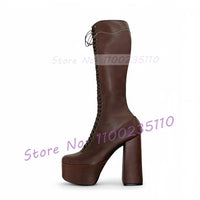 Earthy Brown Platform Knee High Boots Women Splicing Leather Cross Tied High Block Heels Round Toe Halloween Party Tall Boots