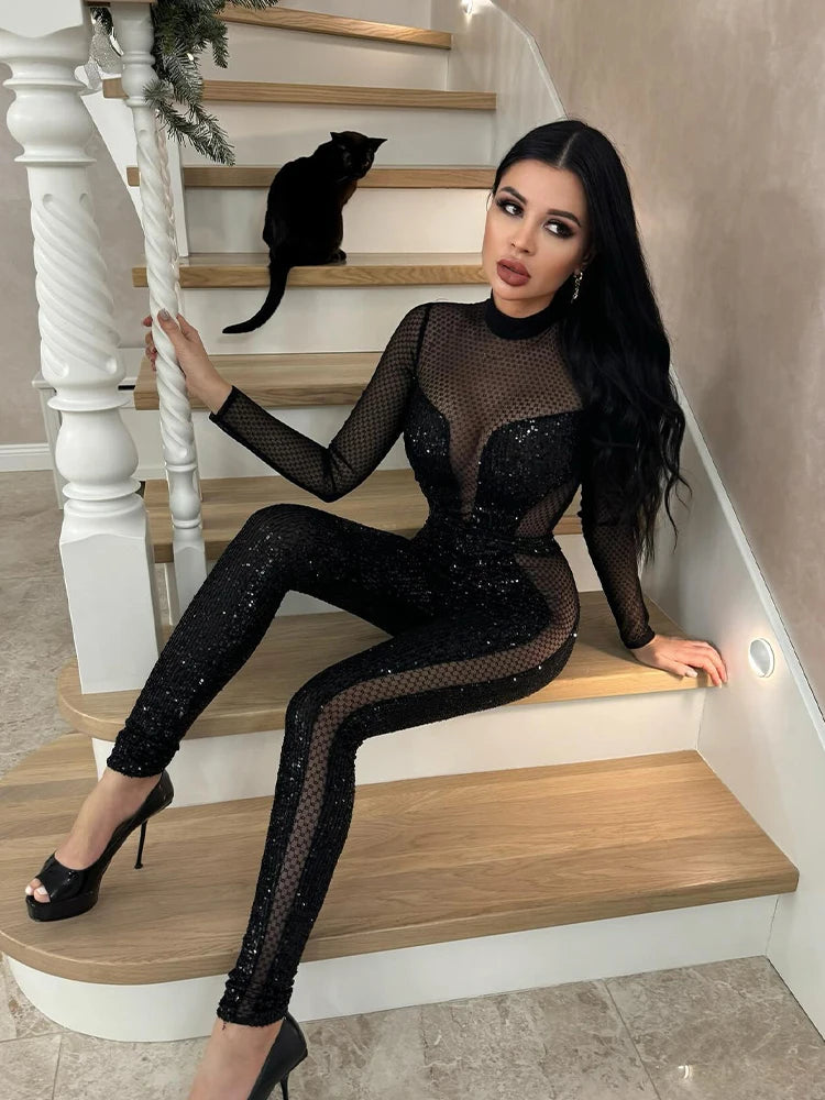 Mesh Patchwork Jumpsuits For Women Fashion Sexy Club Sequined Long Sleeves O-Neck Slim Fit See Through Romper Female Streetwear