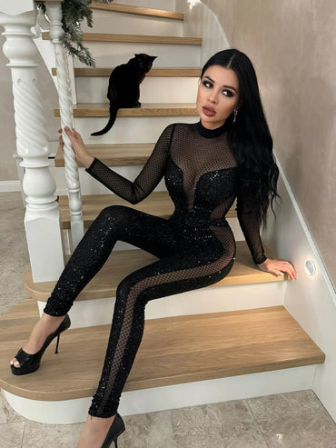 Mesh Patchwork Jumpsuits For Women Fashion Sexy Club Sequined Long Sleeves O-Neck Slim Fit See Through Romper Female Streetwear