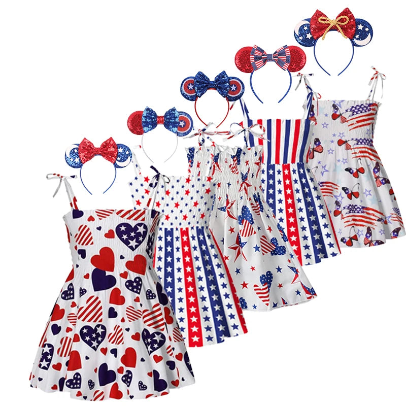 Charm Dress Girls Summer Dress American   Independence Day Print Tie-up Smocked Dress American Flag  For Girls Children Costumes