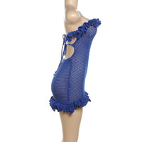 Ruffles Knitted Strapless Mini Dress Women Sexy Lace Up Bandage Backless Stretch Crochet Bodycon Club Party Dresses Vesitdos
